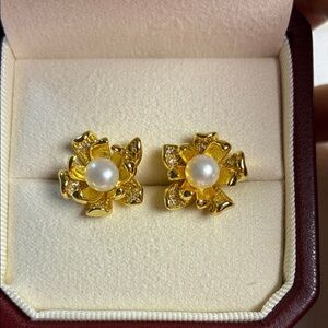 Gold Floral Pearl Earrings |Sterling Silver Posts | Christmas Gift for Her